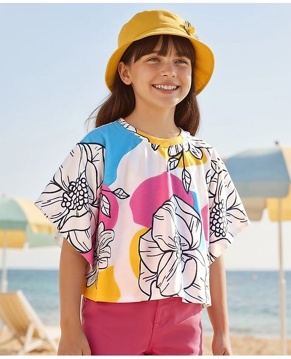 Pine Kids Cotton Knit Half Sleeves Kaftan Style Top With Floral Print - White