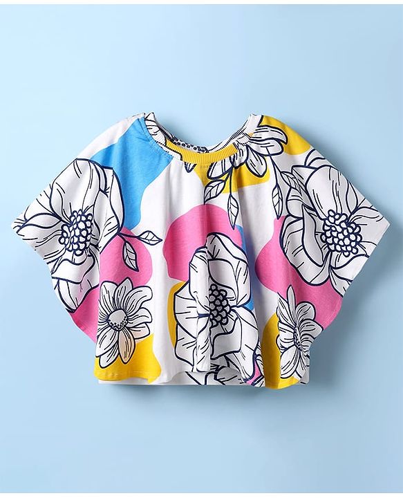 Pine Kids Cotton Knit Half Sleeves Kaftan Style Top With Floral Print - White