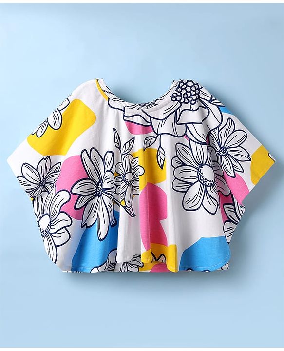Pine Kids Cotton Knit Half Sleeves Kaftan Style Top With Floral Print - White