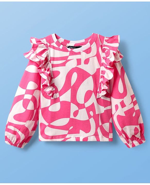 Pine Kids Cotton Knit Full Sleeves Top with Frill Detailing & Abstract Print - Pink & White