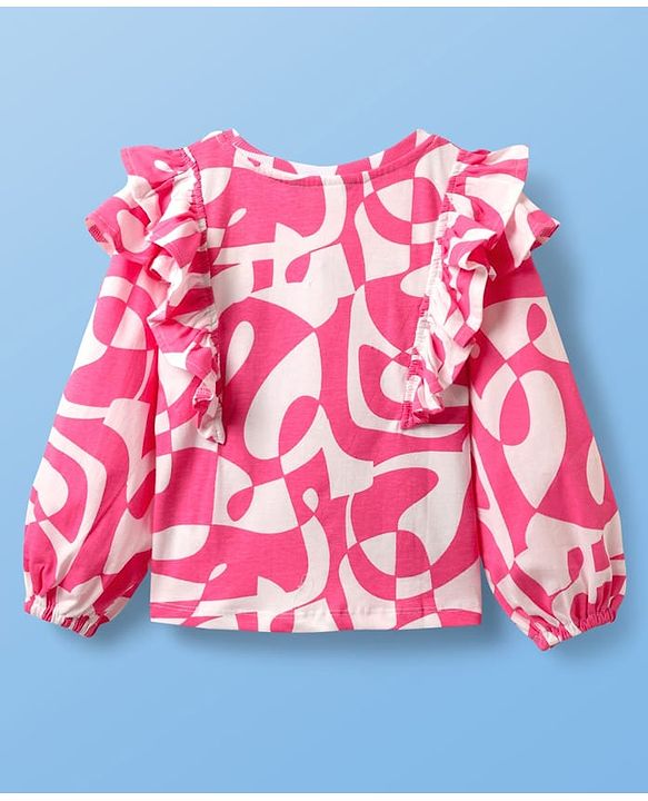 Pine Kids Cotton Knit Full Sleeves Top with Frill Detailing & Abstract Print - Pink & White
