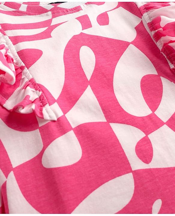 Pine Kids Cotton Knit Full Sleeves Top with Frill Detailing & Abstract Print - Pink & White