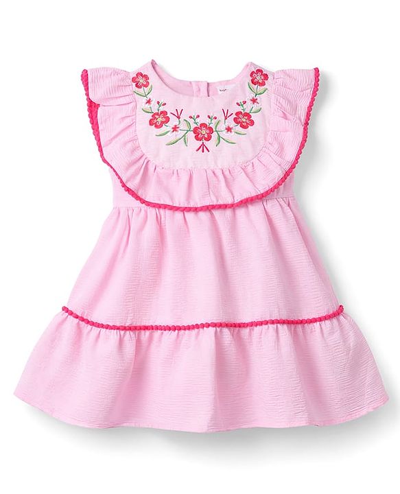 Babyhug Cotton Woven Half Sleeves Frock with Floral Embroidery - Pink