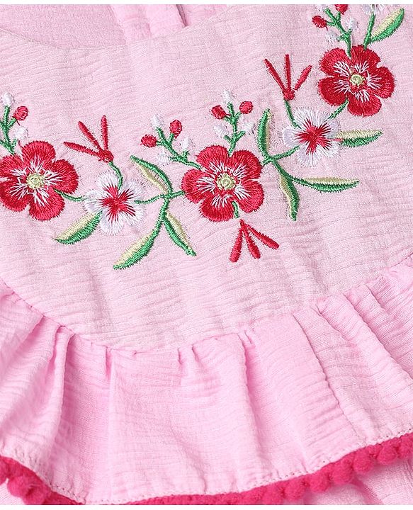 Babyhug Cotton Woven Half Sleeves Frock with Floral Embroidery - Pink