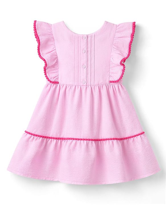 Babyhug Cotton Woven Half Sleeves Frock with Floral Embroidery - Pink