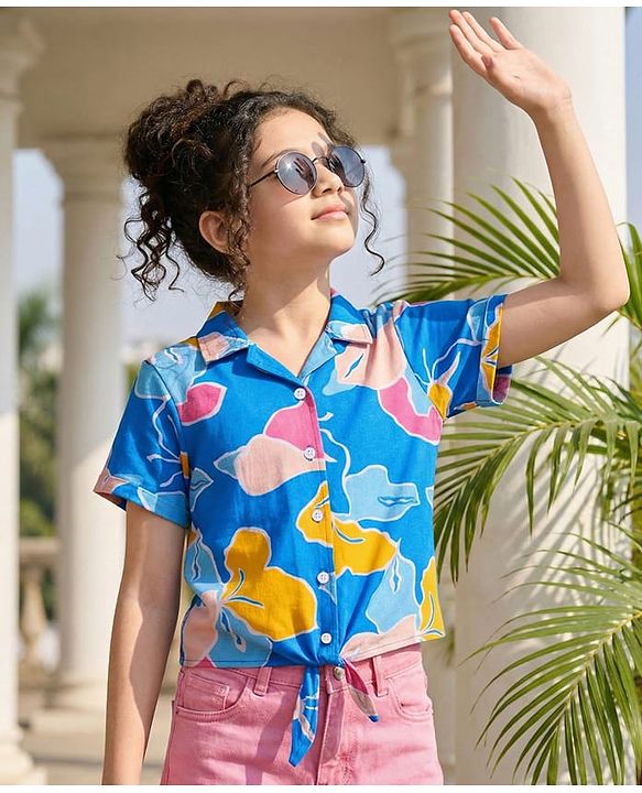 Pine Kids Cotton Knit Half Sleeves Knotted Top with Abstract Print - Blue