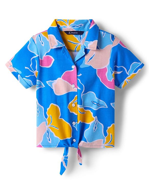 Pine Kids Cotton Knit Half Sleeves Knotted Top with Abstract Print - Blue