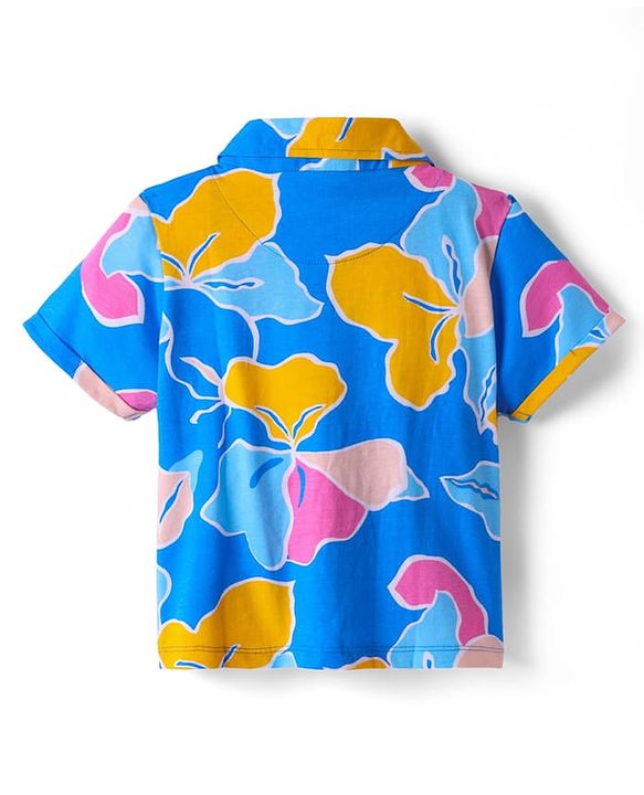 Pine Kids Cotton Knit Half Sleeves Knotted Top with Abstract Print - Blue