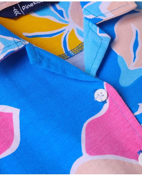 Pine Kids Cotton Knit Half Sleeves Knotted Top with Abstract Print - Blue