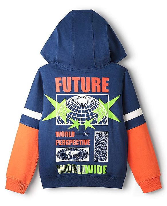 Pine Kids Cotton Knit Full Sleeves Hooded Sweatjacket With Future Print - Navy Blue & Orange