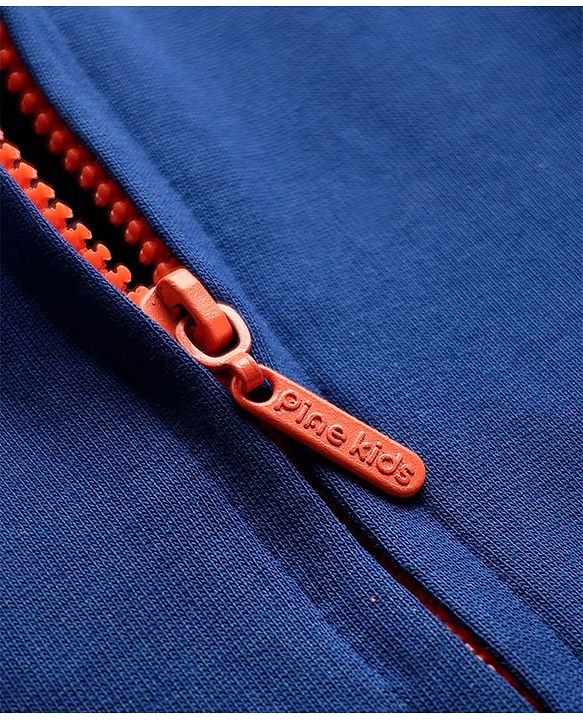 Pine Kids Cotton Knit Full Sleeves Hooded Sweatjacket With Future Print - Navy Blue & Orange