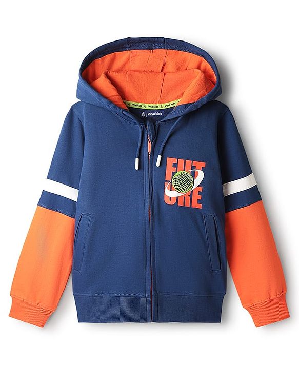 Pine Kids Cotton Knit Full Sleeves Hooded Sweatjacket With Future Print - Navy Blue & Orange