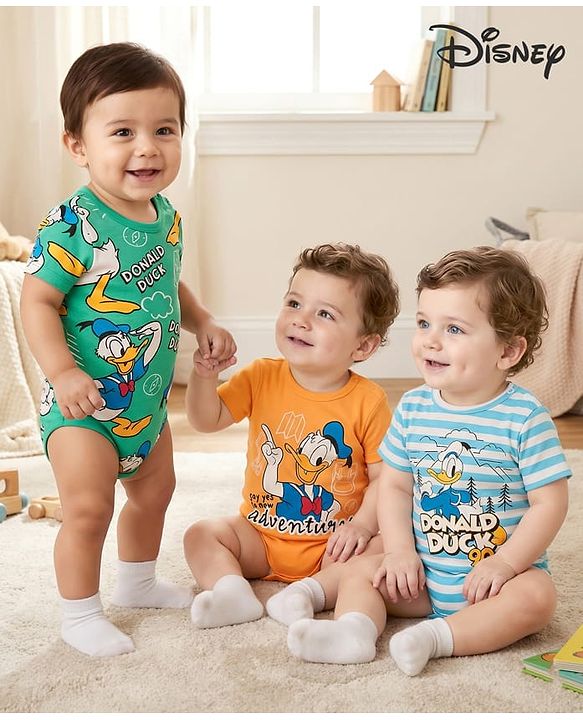 Babyhug Disney Interlock Knit Half Sleeves Onesies With Donald Duck Graphics Pack of 3 - Green Peach & Light Blue