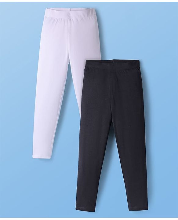 Pine Kids Cotton Knit Full Length Solid Colour Leggings Pack Of 2 - Black & White