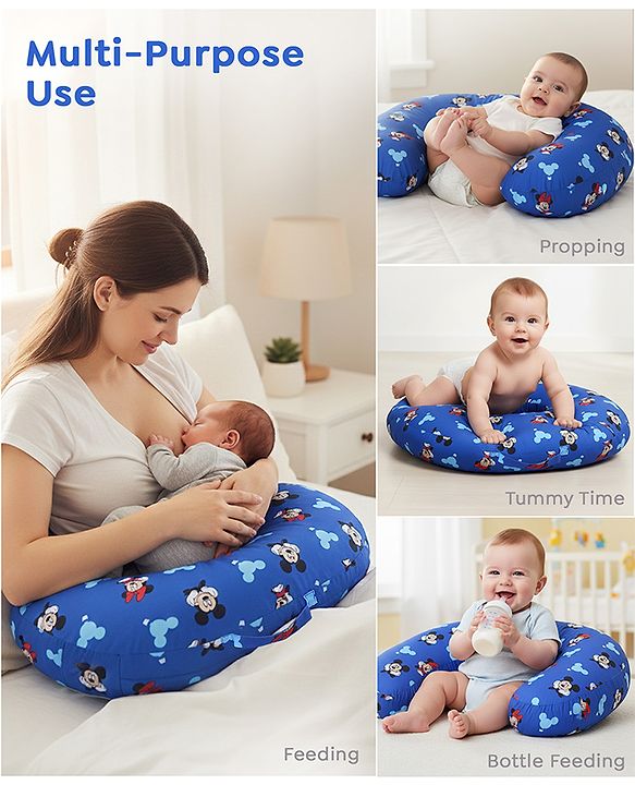 Babyhug Disney Premium 100% Cotton C Shape Cotton Feeding Pillow Mickey Hot Air Balloon Print - Blue | Fits upto waist size 36 inches