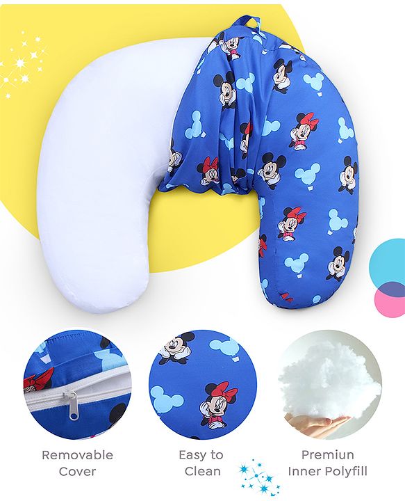 Babyhug Disney Premium 100% Cotton C Shape Cotton Feeding Pillow Mickey Hot Air Balloon Print - Blue | Fits upto waist size 36 inches
