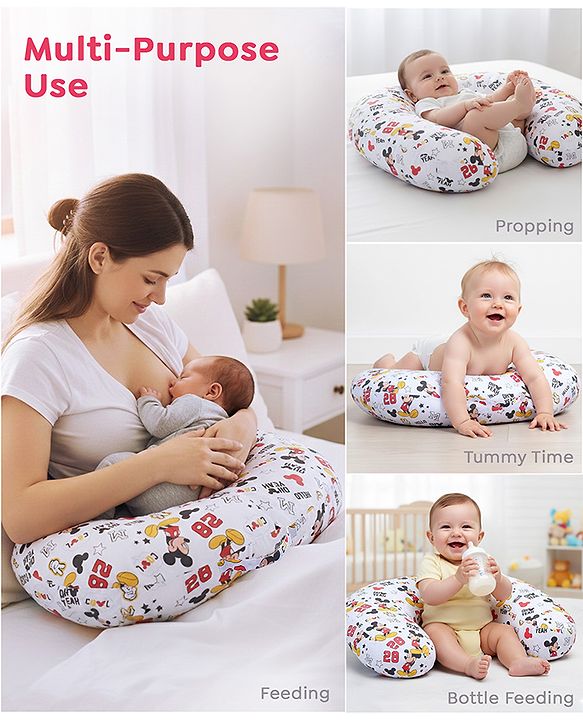 Babyhug Disney Premium 100% Cotton C Shape Cotton Feeding Pillow Mickey Hot Air Balloon Print - Blue | Fits upto waist size 36 inches