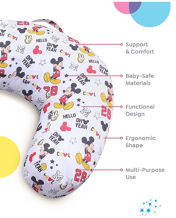 Babyhug Disney Premium 100% Cotton C Shape Cotton Feeding Pillow Mickey Hot Air Balloon Print - Blue | Fits upto waist size 36 inches