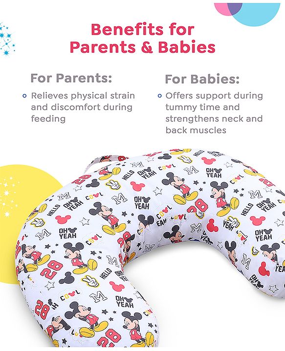 Babyhug Disney Premium 100% Cotton C Shape Cotton Feeding Pillow Mickey Hot Air Balloon Print - Blue | Fits upto waist size 36 inches
