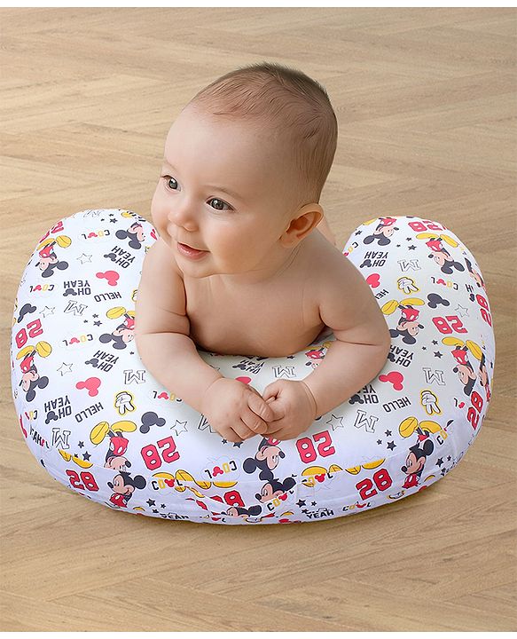 Babyhug Disney Premium 100% Cotton C Shape Cotton Feeding Pillow Mickey Hot Air Balloon Print - Blue | Fits upto waist size 36 inches