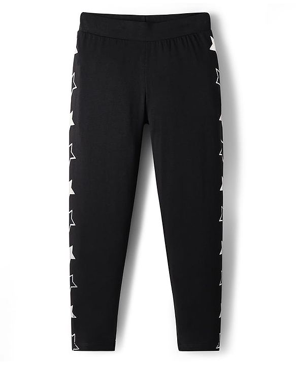 Pine Kids Cotton Knit Full Length Leggings With Star Print - Black