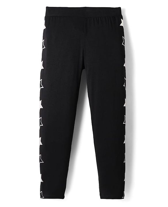 Pine Kids Cotton Knit Full Length Leggings With Star Print - Black