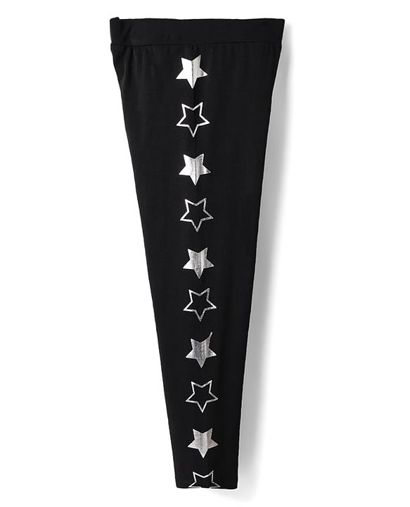 Pine Kids Cotton Knit Full Length Leggings With Star Print - Black