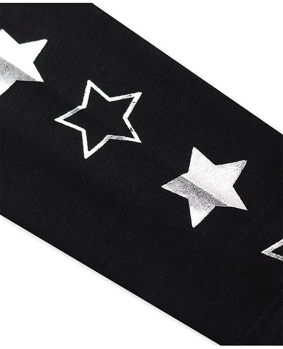 Pine Kids Cotton Knit Full Length Leggings With Star Print - Black