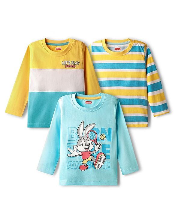 Babyhug 100% Cotton Knit Full Sleeves T-Shirts with Stripes & Animal Print Pack of 3 - Light Blue & Yellow