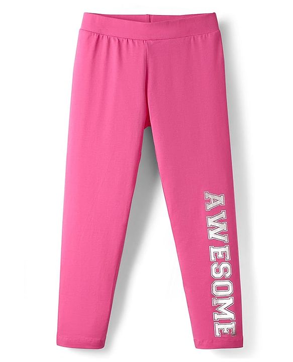 Pine Kids Cotton Knit Full Length Leggings With Stretch & Text Print - Dark Pink