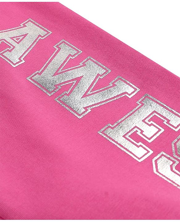 Pine Kids Cotton Knit Full Length Leggings With Stretch & Text Print - Dark Pink