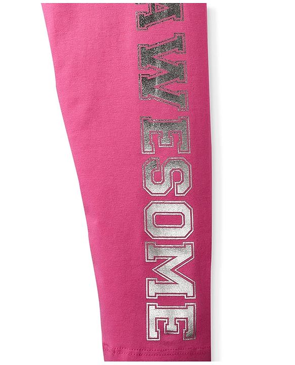 Pine Kids Cotton Knit Full Length Leggings With Stretch & Text Print - Dark Pink