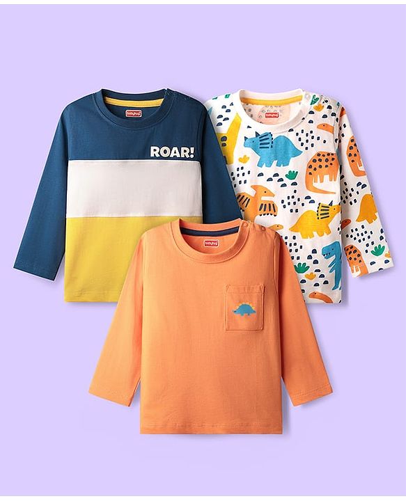 Babyhug 100% Cotton Knit Full Sleeves T-Shirts with Roar Text & Animal Print Pack of 3 - Orange & Navy Blue