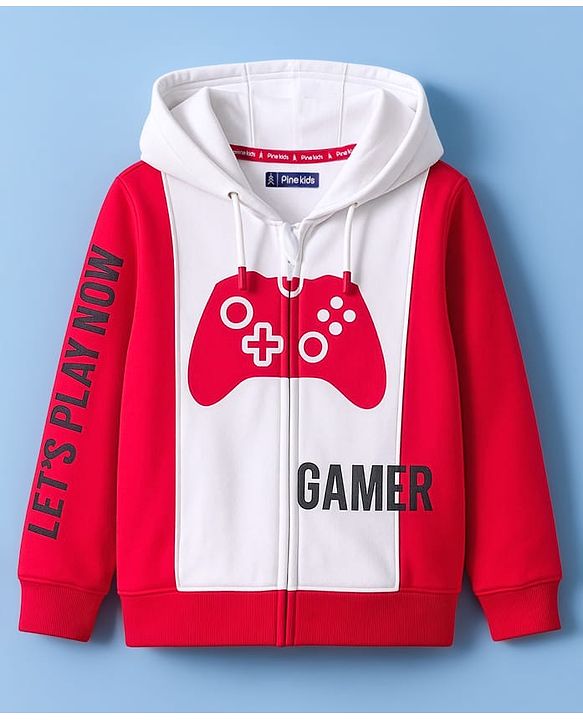 Pine Kids Cotton Knit Full Sleeves Cut & Sew Hooded SweatJacket Gaming Print - Red