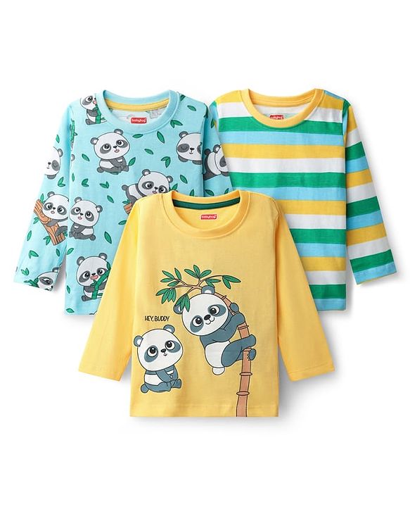 Babyhug 100% Cotton Knit Full Sleeves T-Shirts with Stripes & Panda Print Pack of 3 - Light Blue & Yellow