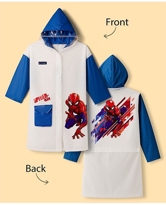 Pine Kids Marvel Full Sleeves Hooded Raincoat with Front & Back Spiderman Graphics - White