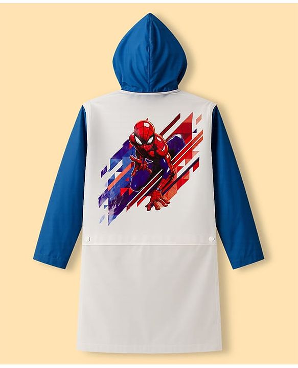 Pine Kids Marvel Full Sleeves Hooded Raincoat with Front & Back Spiderman Graphics - White