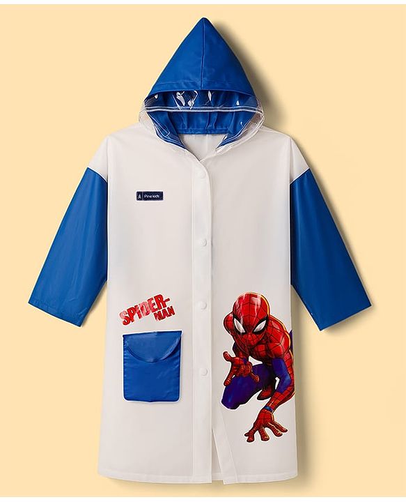 Pine Kids Marvel Full Sleeves Hooded Raincoat with Front & Back Spiderman Graphics - White
