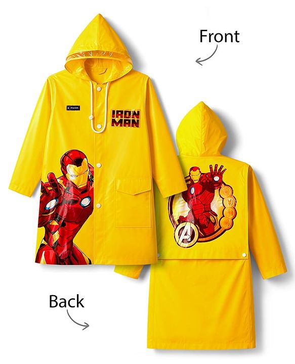 Pine Kids Marvel Full Sleeves Hooded Raincoat with Front & Back Ironman Graphics - Yellow