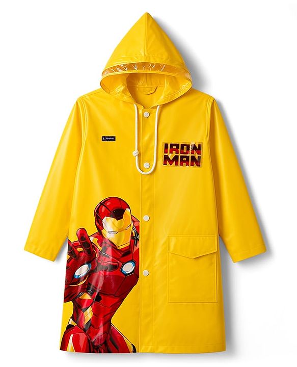 Pine Kids Marvel Full Sleeves Hooded Raincoat with Front & Back Ironman Graphics - Yellow