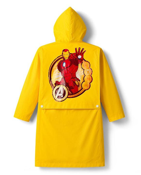 Pine Kids Marvel Full Sleeves Hooded Raincoat with Front & Back Ironman Graphics - Yellow