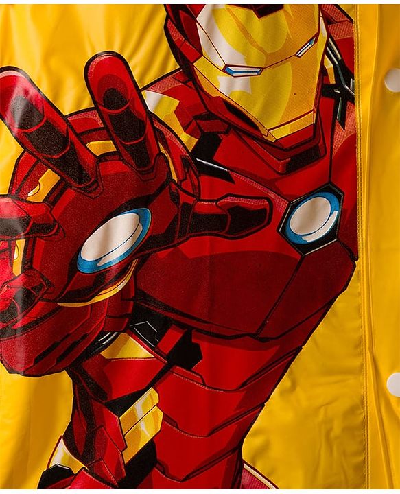 Pine Kids Marvel Full Sleeves Hooded Raincoat with Front & Back Ironman Graphics - Yellow