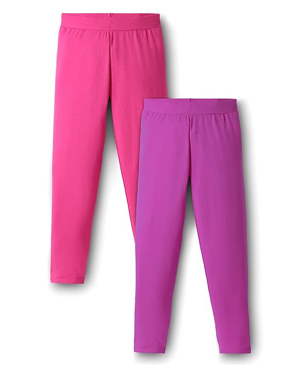 Pine Kids Cotton Knit Full Length Solid Colour Leggings Pack Of 2 - Pink & Purple