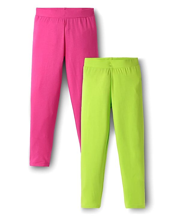 Pine Kids Cotton Knit Full Length Solid Colour Leggings Pack Of 2 - Pink & Lime Green