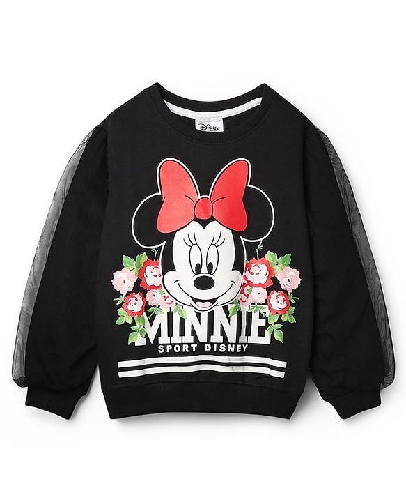 Pine Kids Disney Terry Knit Full Sleeves Co-ord Sweatshirt & Joggers With Minnie Mouse Graphics & Mesh Detailing - Black