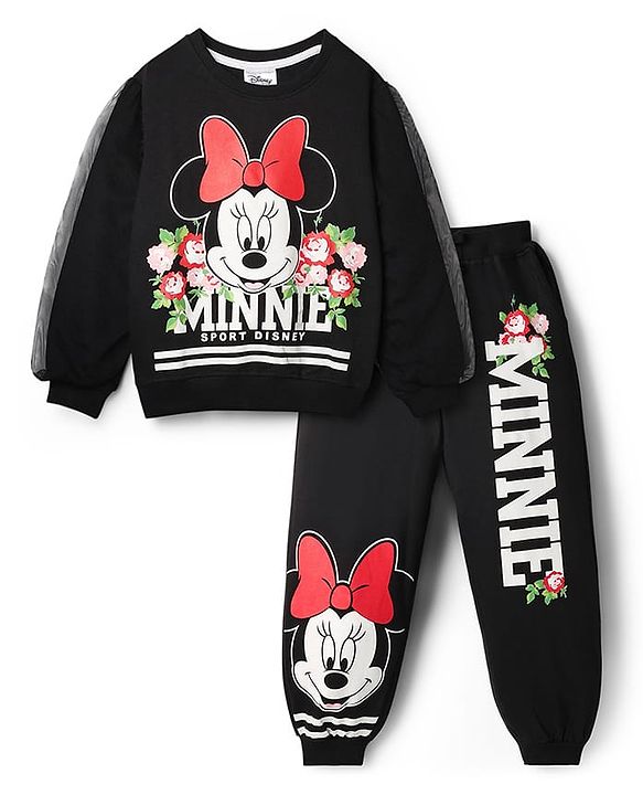 Pine Kids Disney Terry Knit Full Sleeves Co-ord Sweatshirt & Joggers With Minnie Mouse Graphics & Mesh Detailing - Black