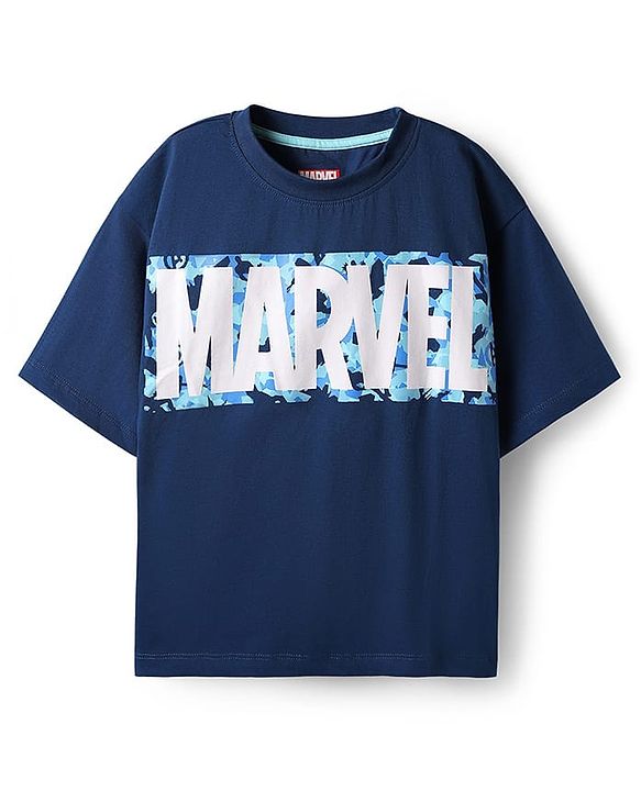 Pine Kids Marvel Single Jersey Knit Drop Shoulder Half Sleeves T-Shirt & Shorts Set with Avengers Graphics & Camouflage Print - Blue