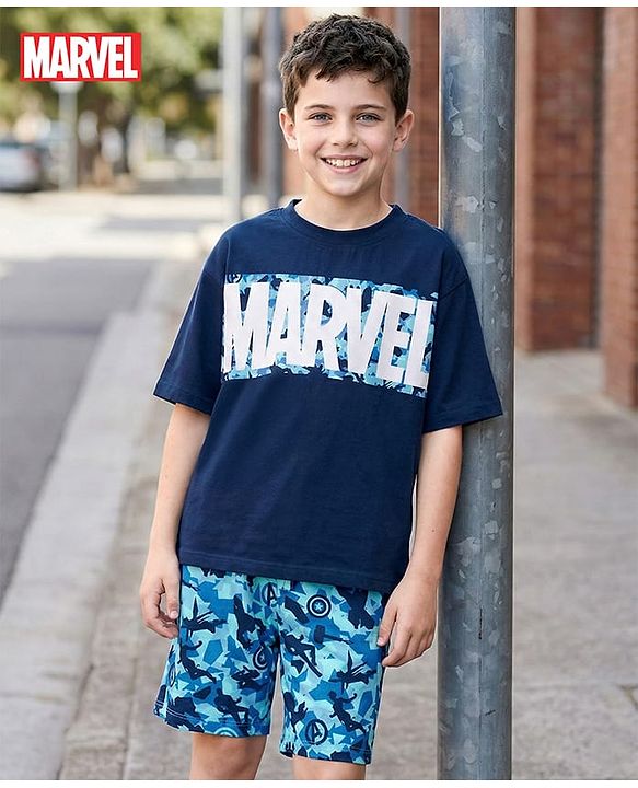 Pine Kids Marvel Single Jersey Knit Drop Shoulder Half Sleeves T-Shirt & Shorts Set with Avengers Graphics & Camouflage Print - Blue