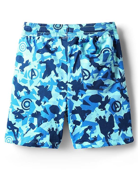 Pine Kids Marvel Single Jersey Knit Drop Shoulder Half Sleeves T-Shirt & Shorts Set with Avengers Graphics & Camouflage Print - Blue