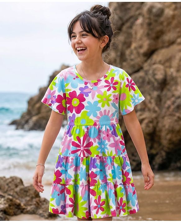 Pine Kids 100% Cotton Half Sleeves Floral Printed Tiered Dress - Multi Colour